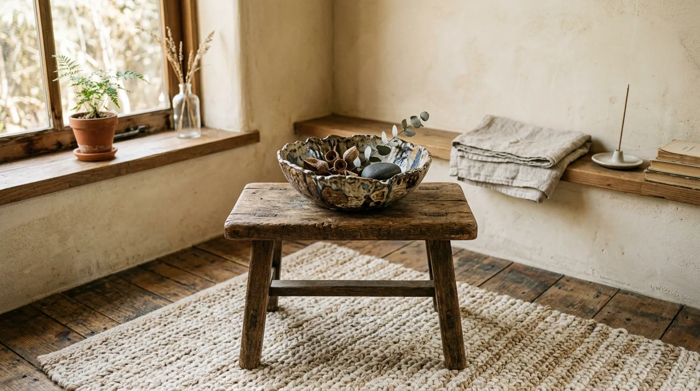 Create a corner with worn wood and woven texture inspiration for a Wabi Sabi interior.